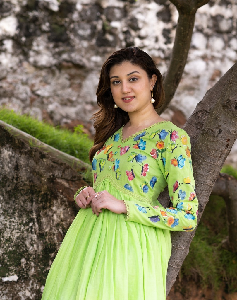 Alia Cut Green Mulmul Frock with Hand-Painted Design