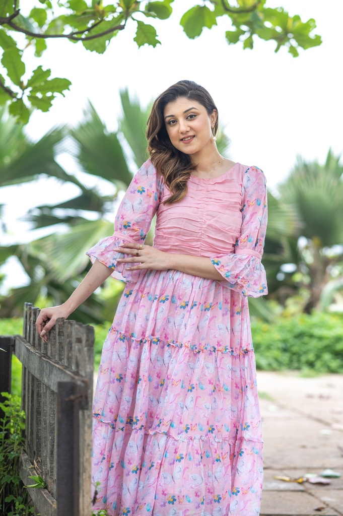Elegant Pink Mulmul Floral Frock