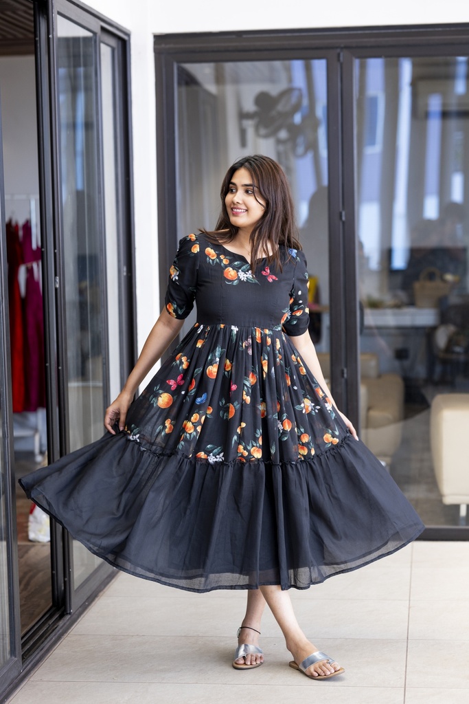 ORANGE BLOOM : Custom Mul Printed Frock