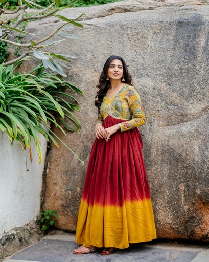 Double-Shaded Long Frock with Kalamkari Work