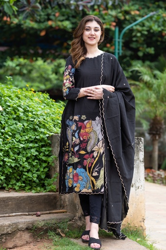 Black chanderi kurta and dupatta set with kalamkari applique work.