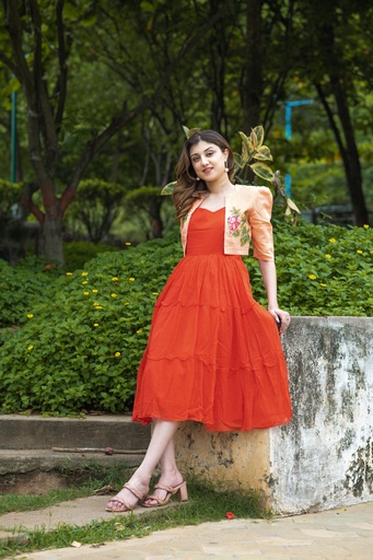 Red Mulmul Frock with Peach Shrug and Intricate Hand-Painted Details.
