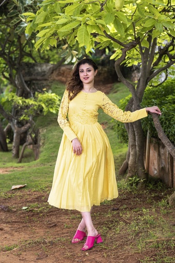 Yellow Mul Cotton Frock with Detailed Net Sleeves