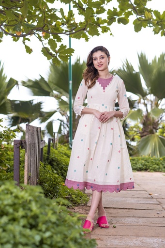 Cream Khadi Frock with Colorful Polka Dots and Scalloped Trim