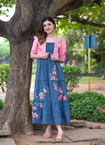 Grey Mul Cotton HandPainting Frock