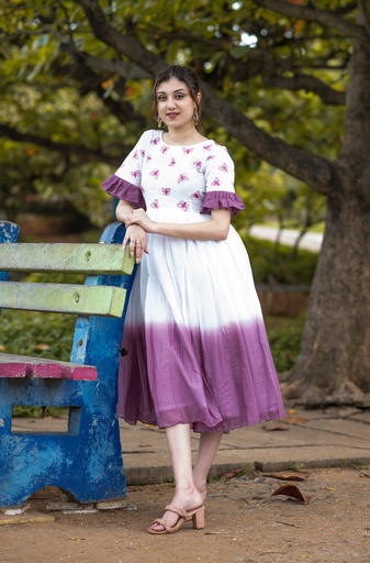 White and Purple Dual-Shaded Mulmul Frock with Butterfly Embroidery