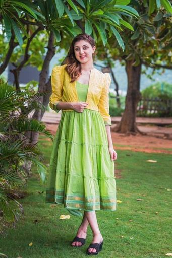 Green Mangalgiri Frock with Yellow Overcoat