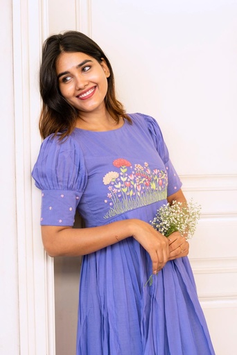 lavender Mul Cotton Frock with Floral Embroidery 