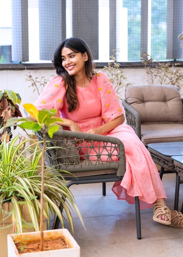 Floral Bliss: Coral Pink Frock with floral embellishments