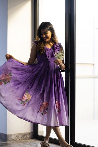 Purple Shaded Mul Cotton Hand-Painted Frock