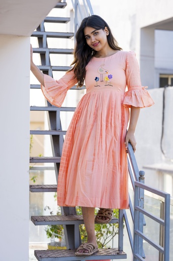 Elegant Peach Mulcotton Frock with Floral Embroidery and Bell Sleeves.