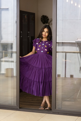 Purple Mul Cotton Frock with Umbrella Embroidery and Ruffle Sleeves