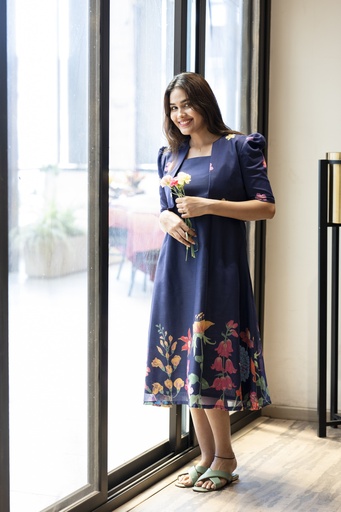  Floral Fantasy A-Line Frock with Puffed Sleeves Overcoat