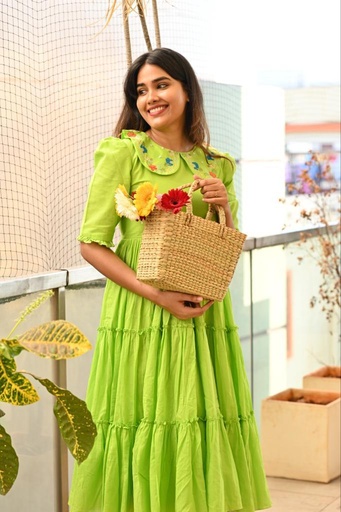 Green Mulmul Frock with Colourful Neck Design