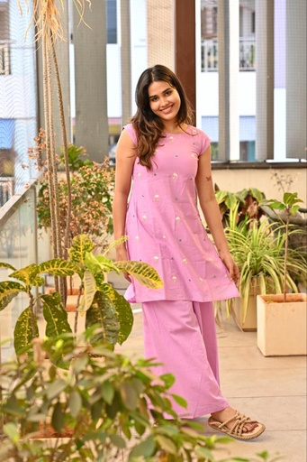 Hand-Embroidered Lavender Co-ord Set with Floral Accents